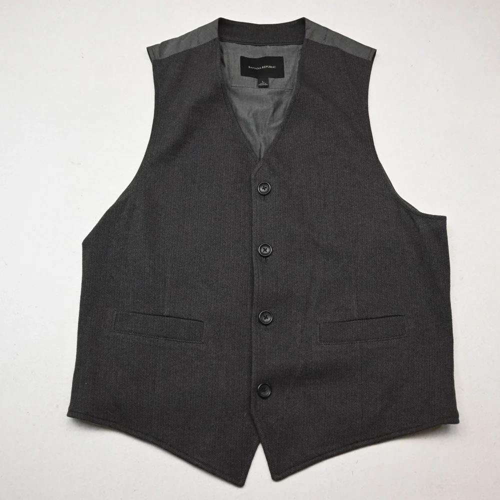 Banana Republic Gray Herringbone Cotton Flannel Wedding Prom Suit Waistcoat Vest